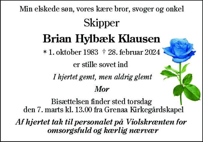 Dødsannonce for Brian Hylbæk Klausen