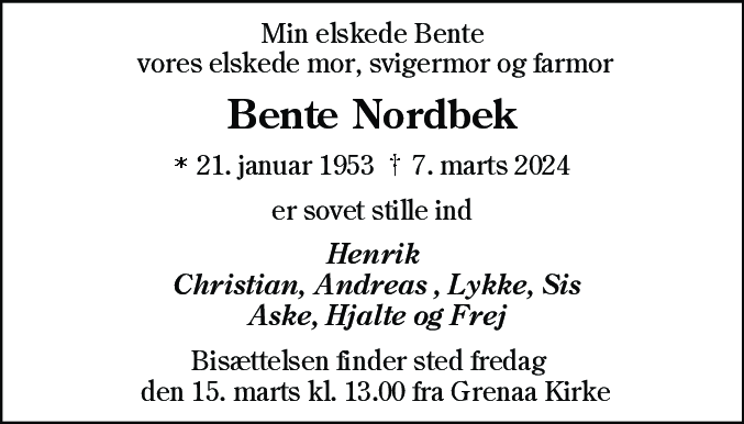 Dødsannonce for Bente Nordbek