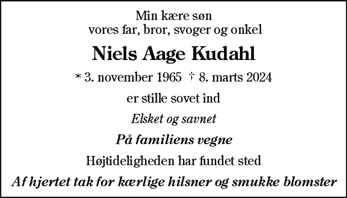Dødsannonce for Niels Aage Kudahl
