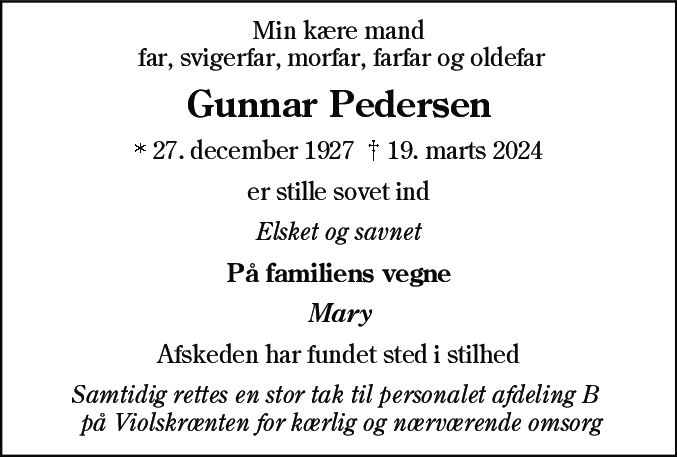Dødsannonce for Gunnar Pedersen