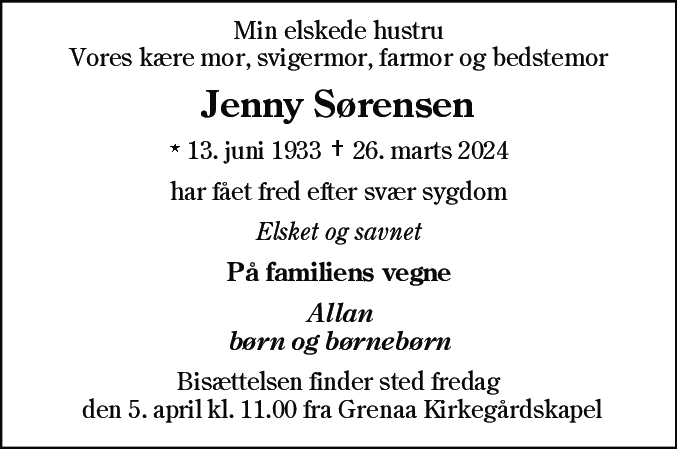 Dødsannonce for Jenny Marie Sørensen