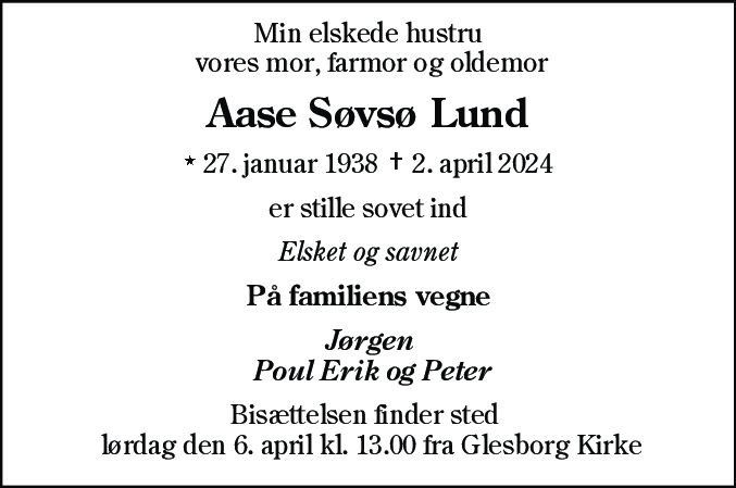 Dødsannonce for Aase Søvsø Lund
