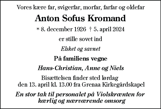 Dødsannonce for Anton Sofus Kromand