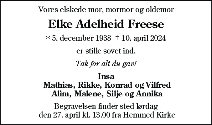 Dødsannonce for Elke Adelheid Freese