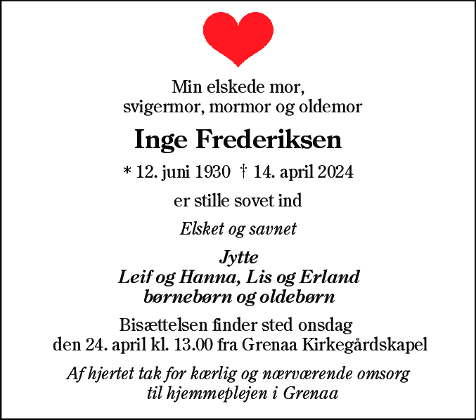 Dødsannonce for Inge Frederiksen