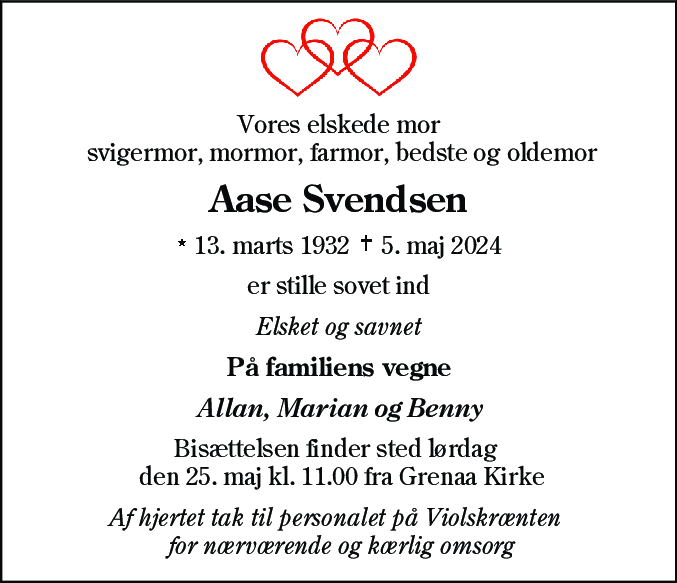 Dødsannonce for Aase Svendsen