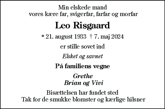 Dødsannonce for Leo Risgaard