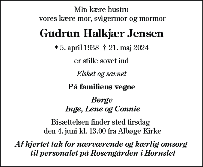 Dødsannonce for Gudrun Halkjær Jensen