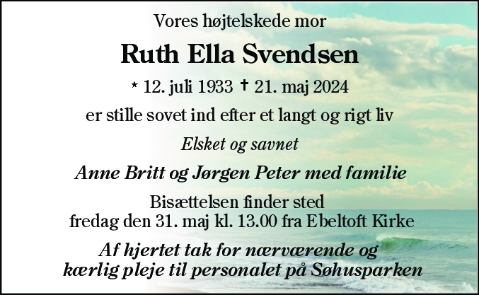Dødsannonce for Ruth Ella Svendsen