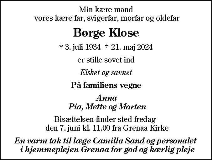 Dødsannonce for Anders Svend Børge Klose