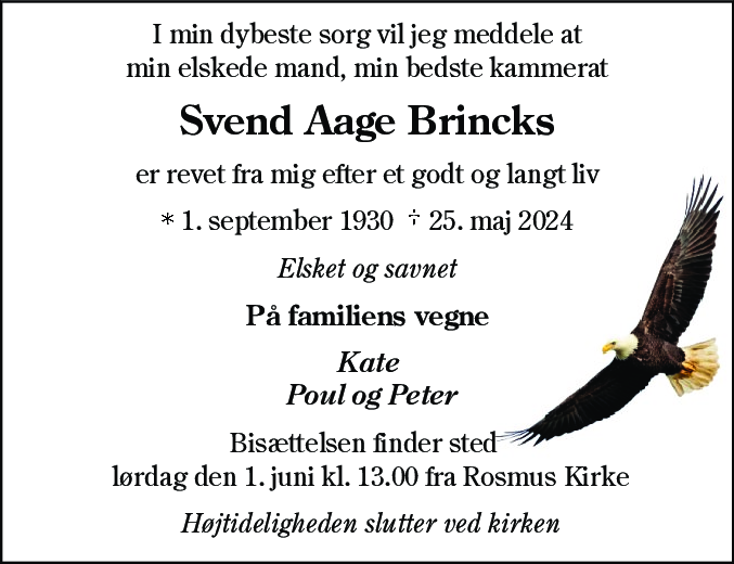Dødsannonce for Svend Aage Brincks