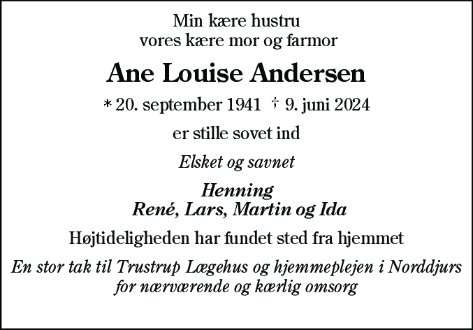 Dødsannonce for Ane Louise Andersen