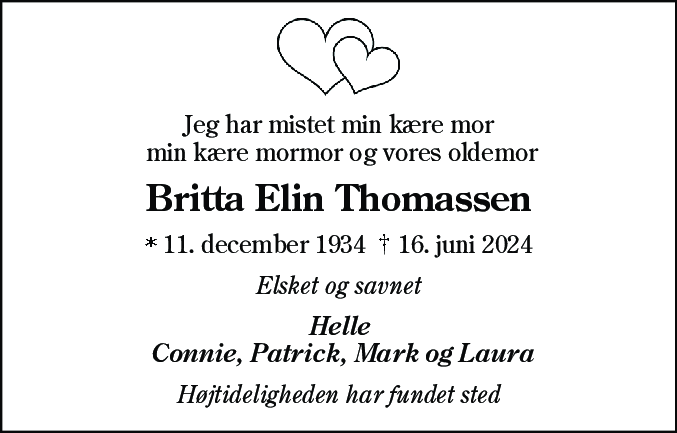 Dødsannonce for Britta Elin Thomassen