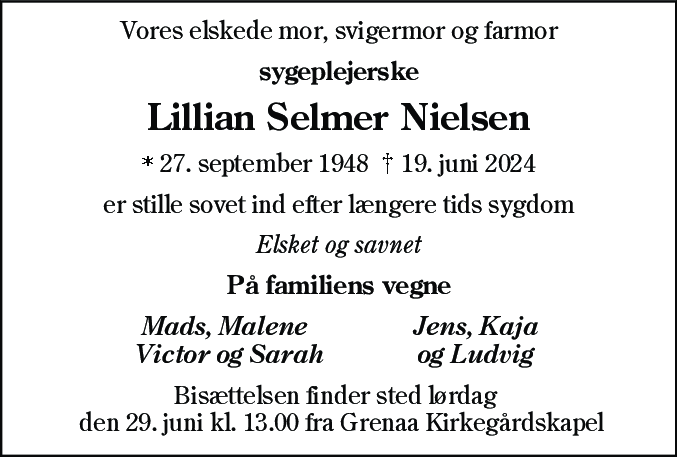 Dødsannonce for Lillian Selmer Nielsen