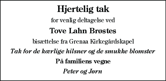 Dødsannonce for Tove Lahn Brøste