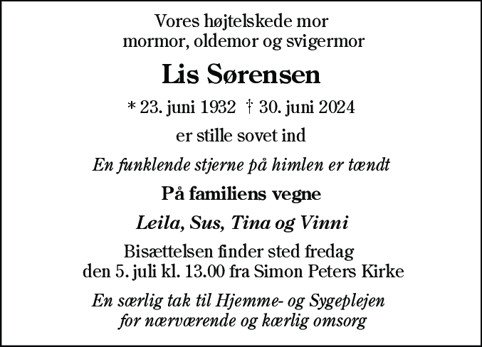 Dødsannonce for Elise Theodora Sørensen