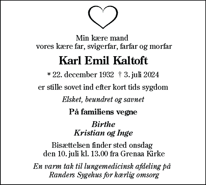 Dødsannonce for Karl Emil Kaltoft