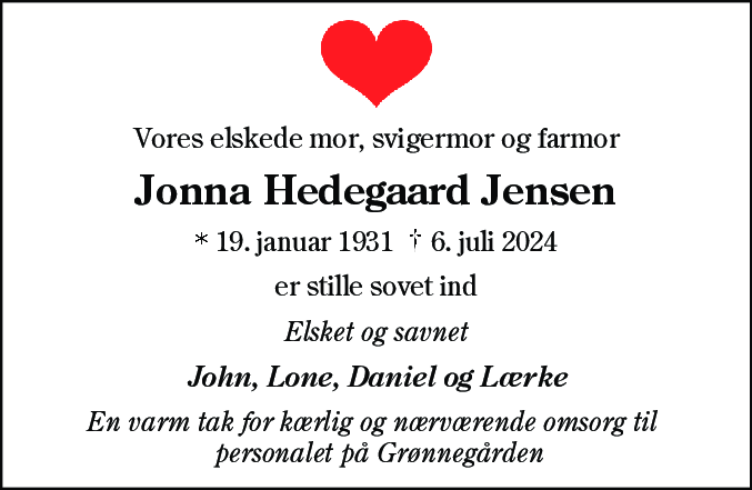 Dødsannonce for Jonna Hedegaard Jensen