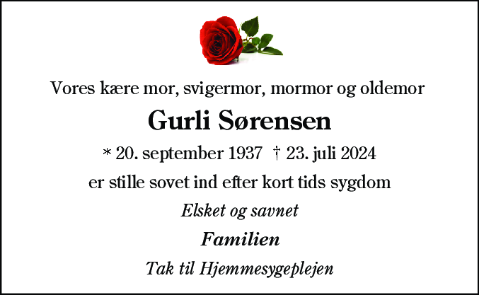 Dødsannonce for Gurli Sørensen