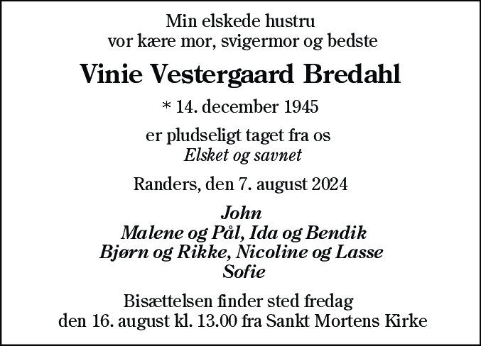 Dødsannonce for Vinie Vestergaard Bredahl
