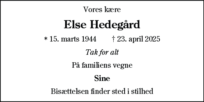Dødsannonce for Else Hedegaard