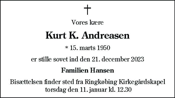 Dødsannonce for Kurt Klinkby Andreasen