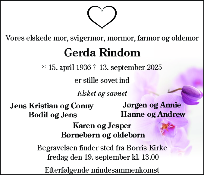 Dødsannonce for Gerda Rindom