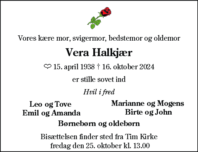 Dødsannonce for Vera Halkjær