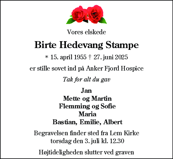 Dødsannonce for Birte Hedevang Stampe