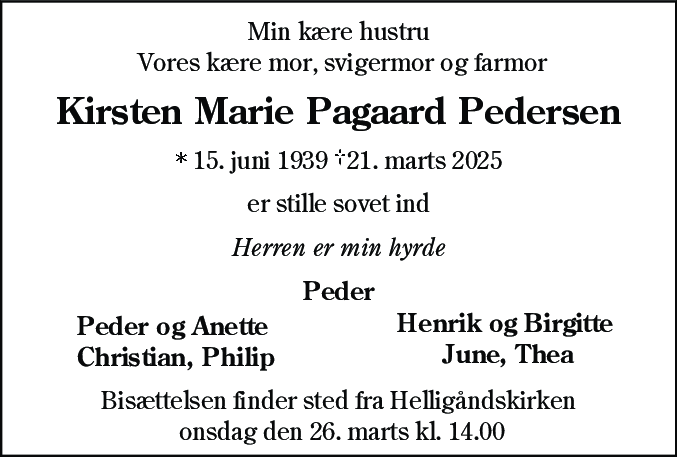 Dødsannonce for Kirsten Marie Pagaard Pedersen