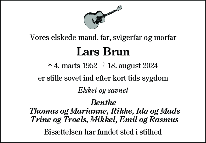 Dødsannonce for Lars Brun