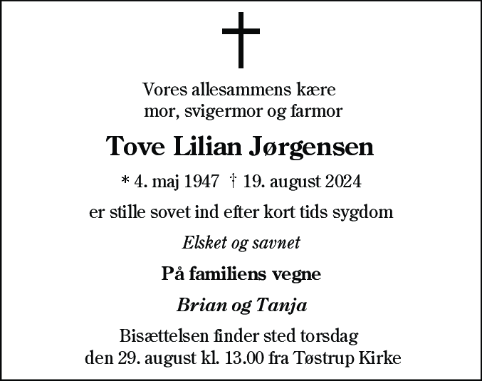 Dødsannonce for Tove Lilian Jørgensen