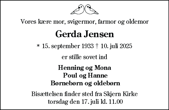 Dødsannonce for Gerda Jensen