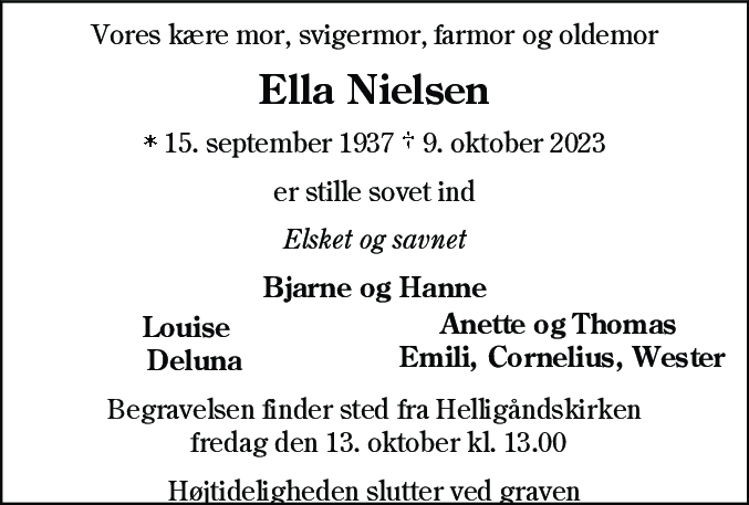 Dødsannonce for Ella Nielsen