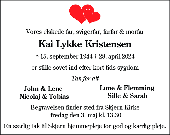 Dødsannonce for Kai Lykke Kristensen