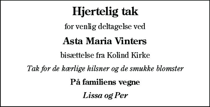 Dødsannonce for Asta Maria Vinter