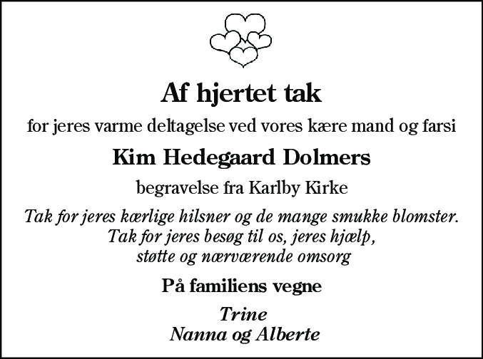 Dødsannonce for Kim Hedegaard Dolmer