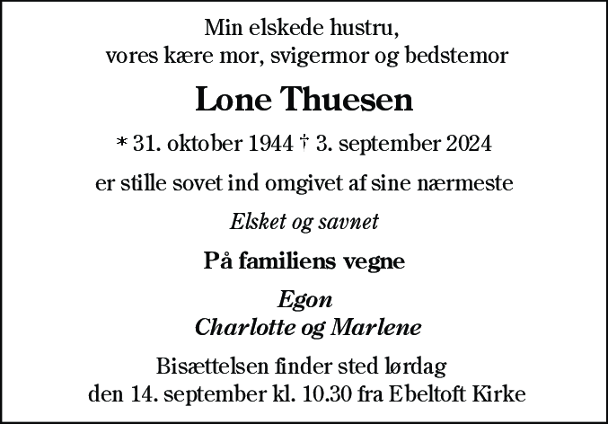Dødsannonce for Lone Thuesen