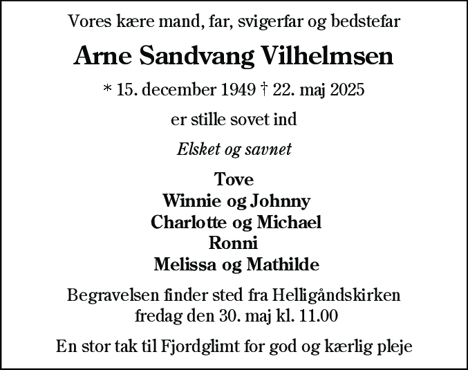 Dødsannonce for Arne Sandvang Vilhelmsen