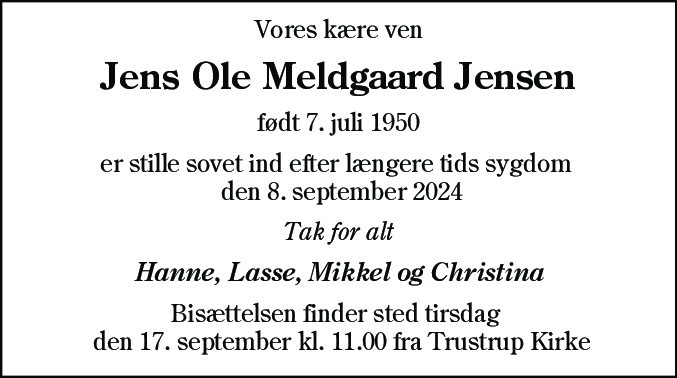 Dødsannonce for Jens Ole Meldgaard Jensen