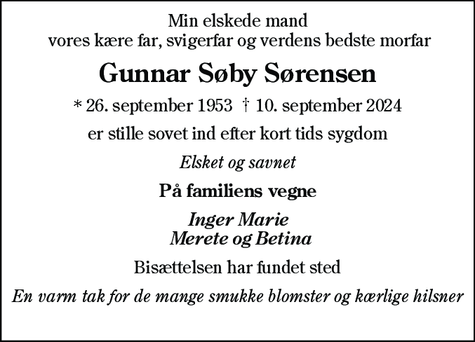 Dødsannonce for Gunnar Søby Sørensen