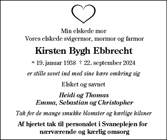 Dødsannonce for Kirsten Bygh Ebbrecht
