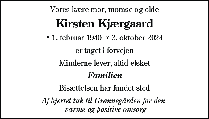 Dødsannonce for Kirsten Kjærgaard