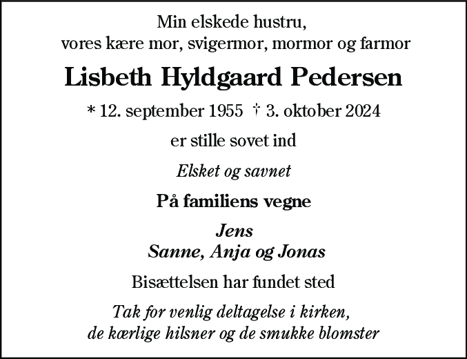 Dødsannonce for Lisbeth Hyldgaard Pedersen