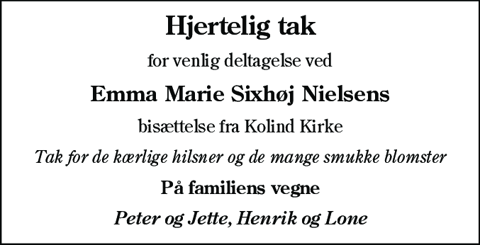 Dødsannonce for Emma Marie Sixhøj Nielsen