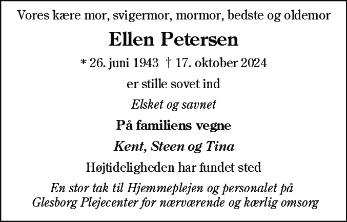 Dødsannonce for Ellen Petersen