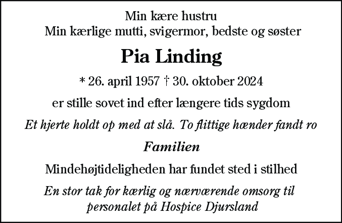 Dødsannonce for Pia Linding