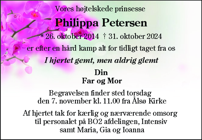 Dødsannonce for Philippa Petersen