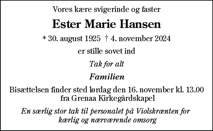 Dødsannonce for Ester Marie Hansen
