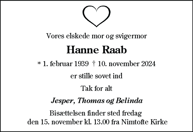 Dødsannonce for Hanne Raab